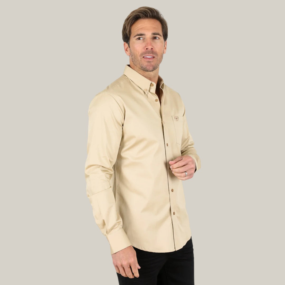 Men's Single Pocket Logo Modern Fit Stretch Dress Shirt - Beige - CTL9 Gomez Western Wear Men's Single Pocket Logo Modern Fit Stretch Dress Shirt - Beige - CTL9 Gomez Western Wear