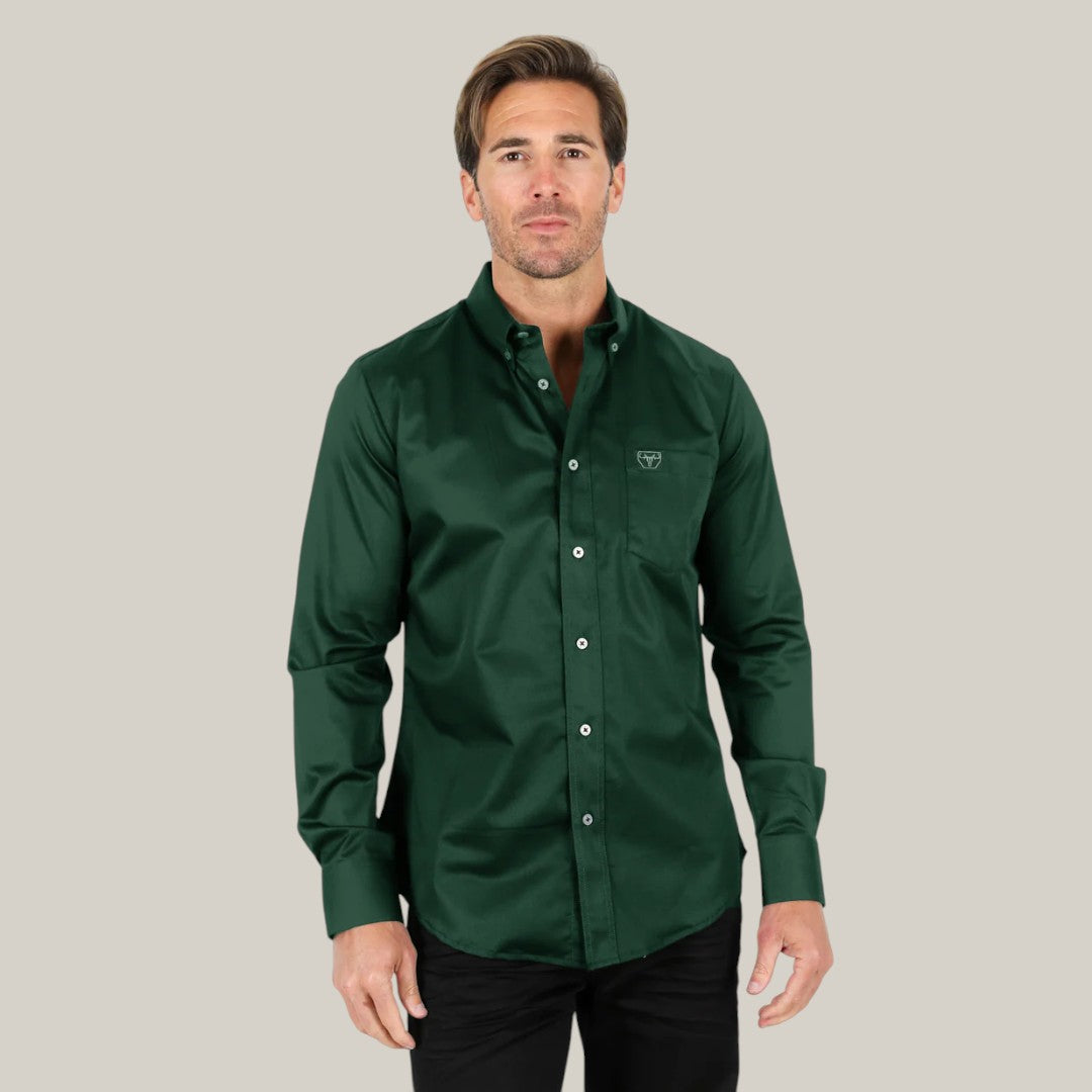 slim fit dress slacks Men’s Single Pocket Logo Modern Fit Stretch Dress Shirt - Green