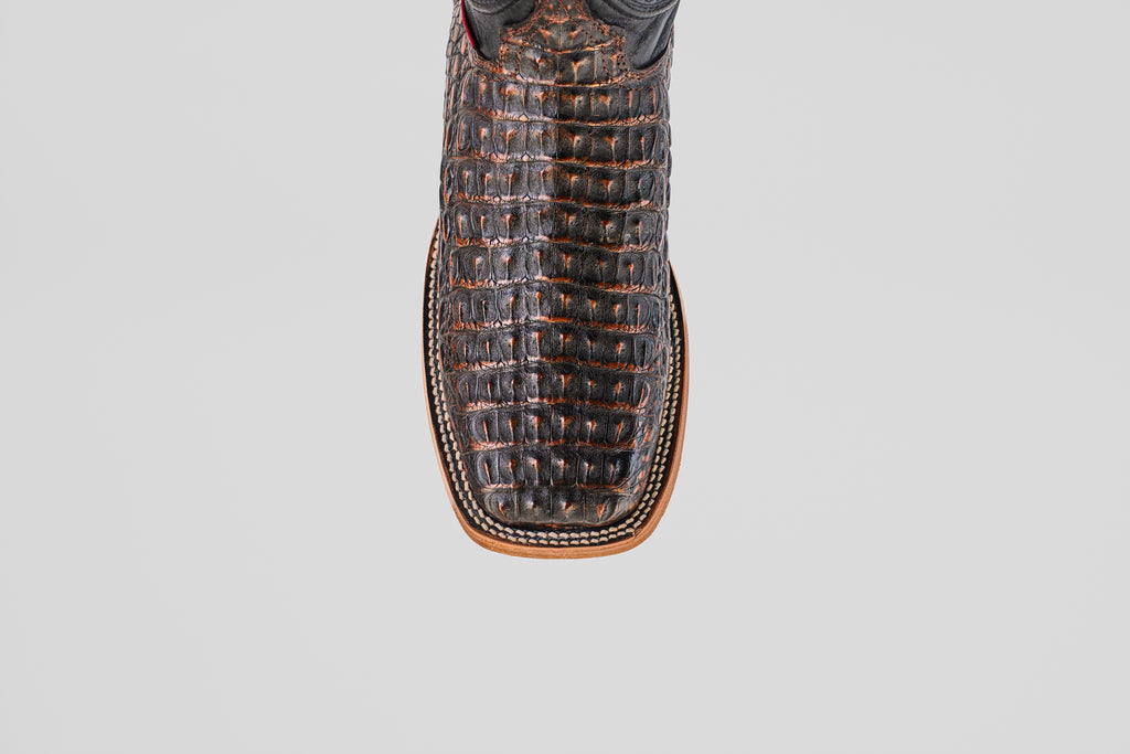 Close-up top view of the Exotic Caiman Horn Back - Roma boot, featuring brown textured caiman leather, a square toe, and detailed edge stitching, set against a plain white background.