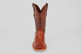 The Exotic Caiman Belly - Brandy - Square Toe boot, featuring detailed stitching and textured caiman leather, is shown from the front on a plain light gray background.