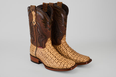 The Exotic Caiman Hornback - Antique - Rodeo Toe boots feature light tan textured caiman leather on the lower part and dark brown leather with decorative stitching, shown on a simple gray background.