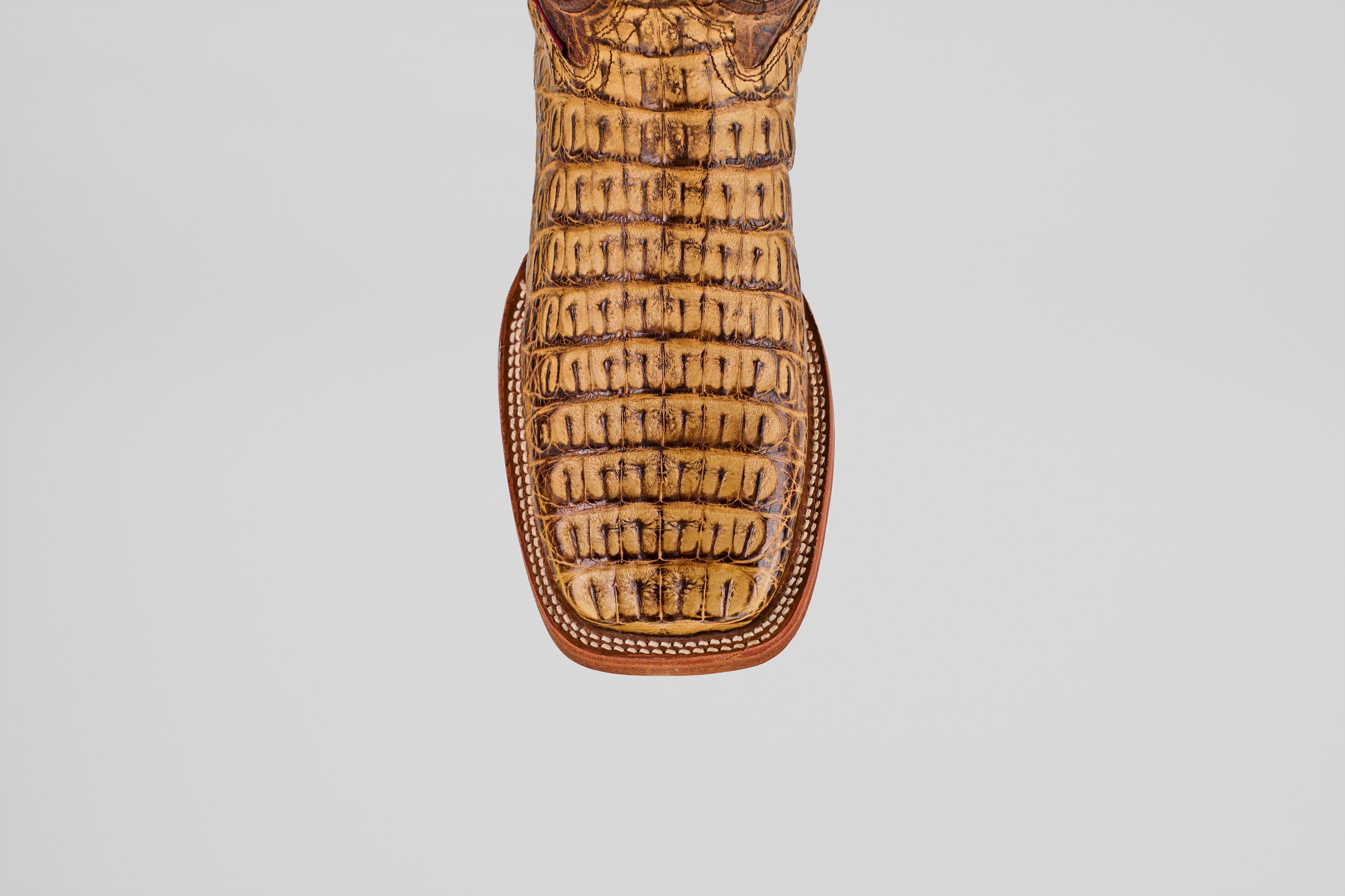 A close-up of the Exotic Caiman Horn Back - Biza Camel - Square Toe boot highlights its striking caiman horn back texture against a plain light background.