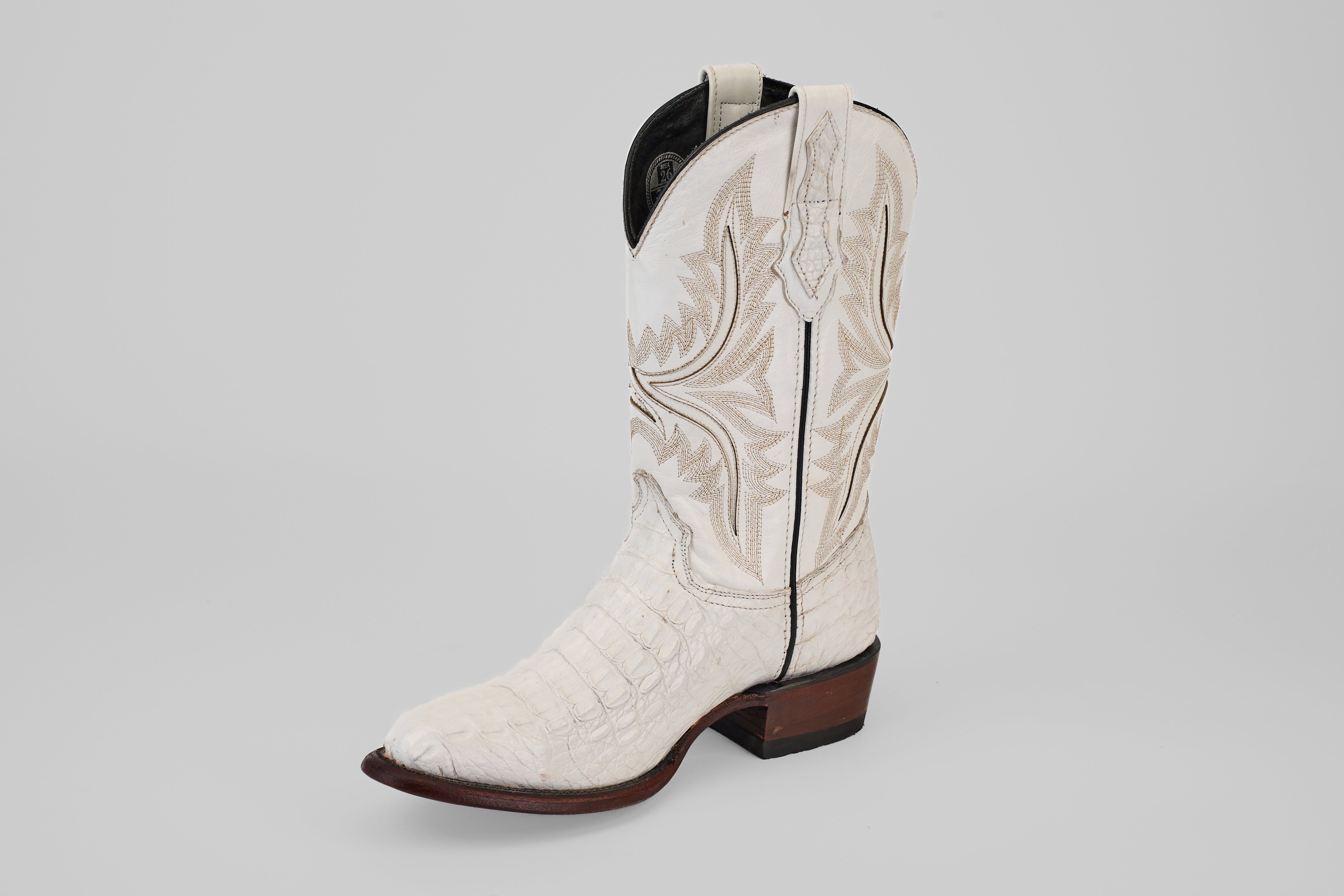 Exotic Caiman Hornback Cowboy Boots for Men – Rhodes White, Round