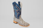 The Russell - Rustic Gray - Square Toe boot features textured light gray ostrich leather, a tall blue shaft with colorful embroidery, and a wooden sole for classic Western style.