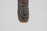 Close-up of the toe of the Butch - Caramel - Square Toe cowboy boot featuring decorative stitching and a textured pattern, crafted from luxurious Pirarucu leather for an exotic look.