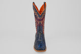 A single navy cowboy boot from the McGraw collection with a square toe, reptile-like texture, and detailed red and yellow stitching on the shaft, displayed upright against a plain light background.