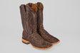 A pair of Exotic Pirarucu Fish - Brown - Square Toe boots with textured, patterned leather and decorative shaft stitching, displayed on a light gray background.