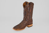 The Exotic Pirarucu Fish - Brown - Square Toe boot features dark brown, scale-patterned exotic leather on the lower part and decorative stitching on the upper shaft, shown against a plain light background.
