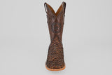 The Exotic Pirarucu Fish - Brown - Square Toe boot features a textured, woven lower and star emblem on the upper shaft, shown from the front on a white background—ideal for exotic leather boot enthusiasts.