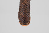 A close-up, top-down view of the Exotic Pirarucu Fish - Brown - Square Toe boot highlights its textured exotic leather, square toe design, and detailed stitching along the tan leather sole.