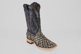 The Exotic Pirarucu Fish - Newspaper - Square Toe boot features a textured light gray and black pirarucu leather lower, smooth dark stitched upper, and light tan sole with stacked heel—ideal for anyone seeking distinctive exotic fish boots.