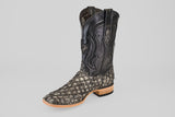 The Exotic Pirarucu Fish - Newspaper - Square Toe boot features a black leather upper, tan reptile-textured lower, wooden sole, and squared toe. Single boot inspired by pirarucu fish boots, displayed on a light gray background.