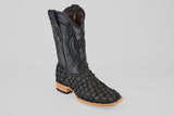 The Exotic Pirarucu Fish - Matte Black - Square Toe boot features textured, scaly exotic leather, detailed shaft stitching, and a light wooden heel and sole, shown against a plain light gray background.