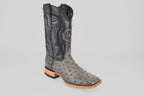 The Exotic Full Quilt Ostrich - Gray - Square Toe features dark decorative stitching, a star design on the shaft, a gray ostrich leather upper, square toe, and a light stacked heel and sole shown against a plain light background.