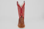 The Thompson - Red / Brown - Square Toe boot features brown ostrich leather, a tall red shaft with yellow and white stitching, and a square toe, displayed against a plain light gray background.