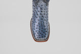 A close-up top view of the Exotic Full Quilt Ostrich boots in Safari Gray with a square toe and detailed stitching, displayed on a plain white background.