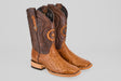 The Exotic Full Quilt Ostrich - Brandy Brucciato - Square Toe boots feature light brown ostrich leather with darker brown uppers, classic western shaft stitching, and stylish stacked wooden heels.