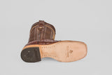The Exotic Full Quilt Ostrich - Brown - Square Toe boot features a textured upper, smooth sole with TEXAS COUNTRY branding, a black textured heel, and classic cowboy style—ideal for square toe boot fans.