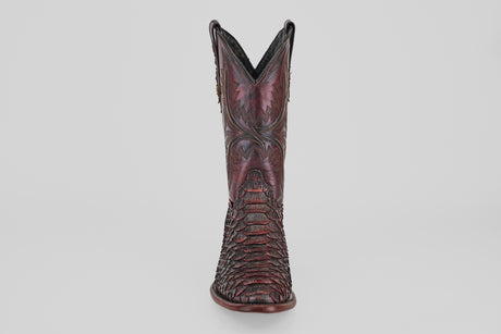 A single Tanner Jumbo - Black Cherry - Round Toe cowboy boot with detailed shaft stitching and reptile-embossed leather, shown from the front against a plain light background.