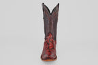 A single Tanner – Ruby – Narrow Square Toe cowboy boot in red python leather with intricate stitching, upright and facing forward against a plain white background.