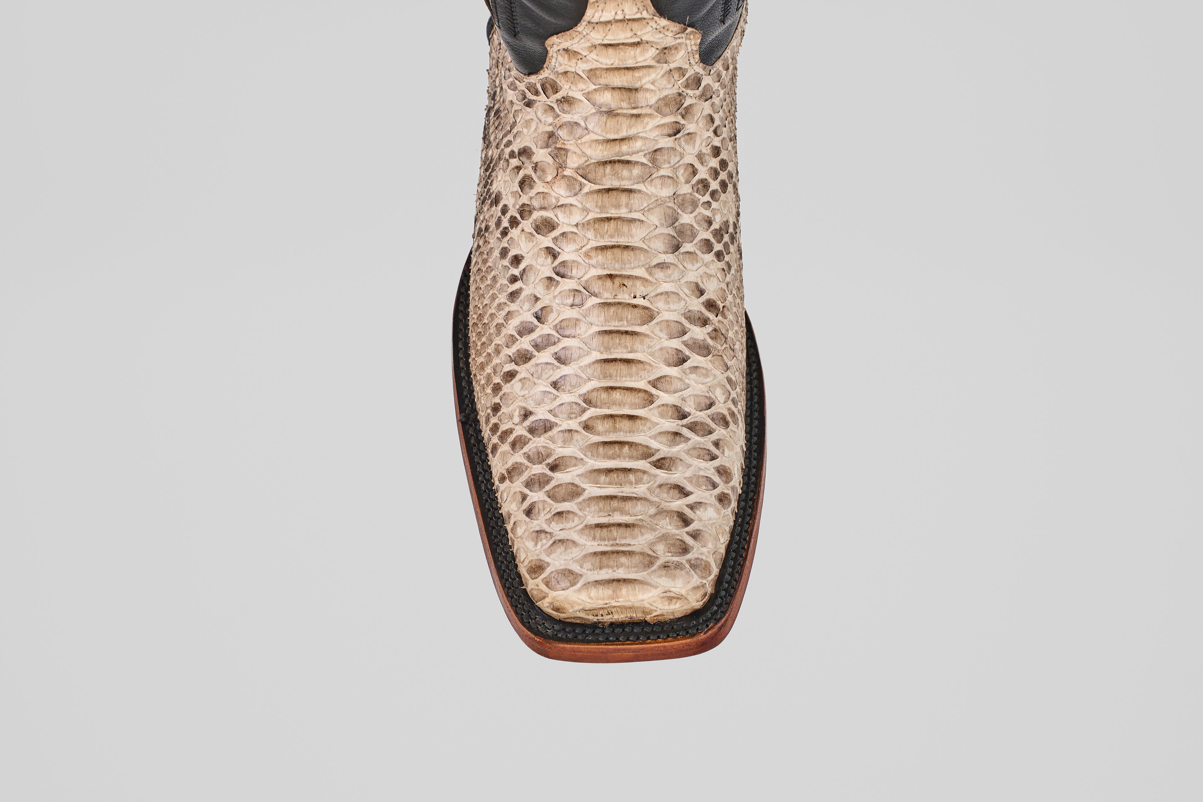 Top view of the Tanner - Natural - Rodeo Toe cowboy boot in tan natural python snakeskin, featuring a square toe, dark brown trim, and wooden sole, set against a plain light gray background.