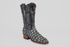 The Conor - Newspaper - Roper Toe is a unique boot with a black stitched upper, scaly pirarucu-style lower, and brown stacked heel—ideal for those seeking standout exotic roper toe boots.