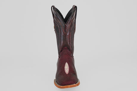 A single Ranger – Wine – Square Toe boot in dark brown with visible stitching, square toe, and light tan sole is shown from the front against a plain light gray background.