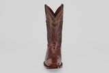 The Blaze – Brown – Rodeo Toe boot features detailed stitching and a pointed toe, crafted from genuine lizard leather. Shown from the front against a plain light gray background.