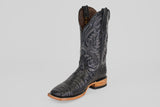 The Caiman Belly Black - Embossed Leather - Square Toe (E423) boot features a detailed textured pattern, wide square toe, light brown stacked heel, and decorative stitching on the tall shaft—a great pick for casual western style lovers.