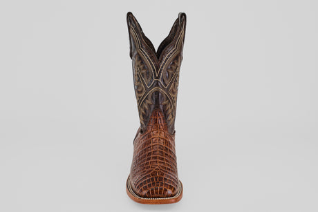 The Caiman Belly Choco - Embossed Leather - Square Toe (E423) boot features a brown alligator-style embossed foot and detailed stitching on the tall shaft, displayed from the front on a plain light background.