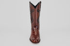 The James Platimun - Dark Cogñac boot with a glossy, textured finish and classic roper toe stands upright, facing forward against a plain light gray background.
