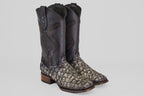 Introducing the Conor Platinum - Newspaper - Square Toe (Diamond): cowboy boots with black leather shafts, textured gray pirarucu leather feet, and brown wooden soles—ideal western boots for men wanting standout style.
