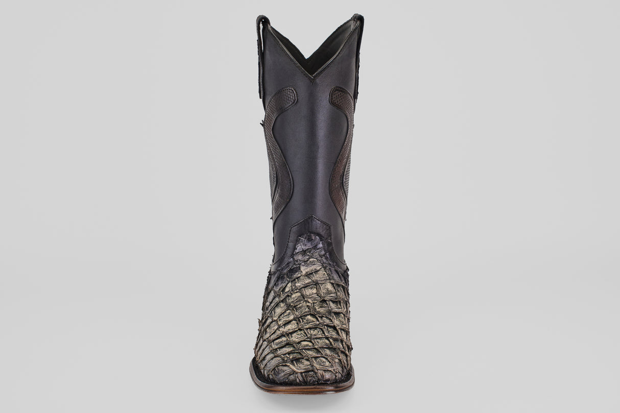 The Conor Platinum - Newspaper - Square Toe (Diamond) boot features a textured pirarucu leather lower and dark shaft, photographed from the front on a light gray background—perfect western boots for men.