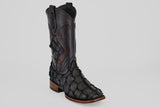 The Conor Platinum - Matte Black - Square Toe (Diamond) cowboy boot, made from dark textured pirarucu leather with brown accents, is shown individually on a light gray background.