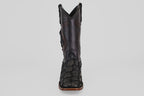 A single Conor Platinum - Matte Black - Square Toe (Diamond) boot, crafted from textured pirarucu leather with detailed stitching, is shown from the front against a plain light background.