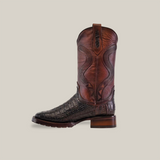 The Exotic Caiman Belly Tail - Diamond - Tabaco boot features rich brown leather with intricate dark shaft patterns, a textured Caiman Belly Tail finish on the foot, and is completed with a wooden heel and Goodyear welt sole for a classic western style.