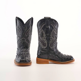 The Caiman Hornback Print Black Square Toe boots are expertly handcrafted from premium leather with intricate stitching. Set against a white background, one boot faces front and the other side, each featuring rich brown soles.