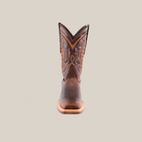 The Azkar Tan cowboy boot, crafted from premium cowhide leather, showcases intricate shaft stitching and features a Rodeo Toe with a light-colored, slip-resistant sole against a plain white background.