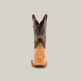 The Caiman Belly Print Orix - Square Toe boot features a light tan crocodile-textured lower half and a dark brown intricately designed upper half, showcased upright against a white background.