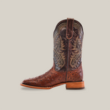 The Karoo Ostrich Print Chocolate Square Toe cowboy boots, with intricate stitching, a medium brown heel, and pull strap, are showcased on a white background, highlighting their detailed craftsmanship.