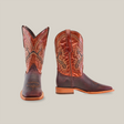 The Azkar Moka - Square Toe cowboy boots, crafted from rich cowhide leather with intricate stitching on a white background, are presented with one boot standing for a side view and the other slightly tilted to highlight its elegant design.