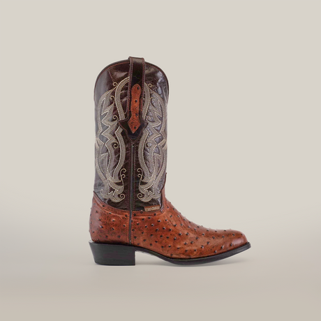 The Karoo Ostrich Print Chocolate - Round Toe boot features a dark brown upper with intricate white stitching, a textured lighter brown lower made of ostrich print leather, a low heel, and a side pull strap.