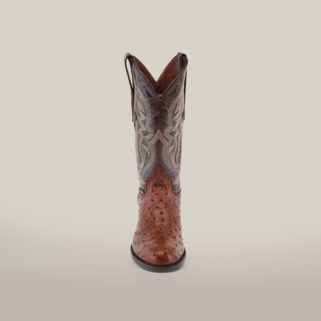 A single luxury cowboy boot, the Karoo Ostrich Print Chocolate - Round Toe, features a textured ostrich print leather foot and a dark shaft with intricate stitching, set against a plain white background.