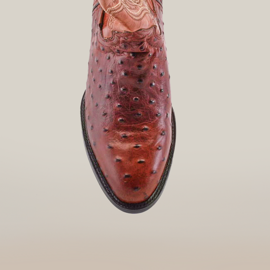 The handcrafted Karoo Ostrich Print Cogñac boot, with decorative stitching and a round toe, stands upright against a plain white background.