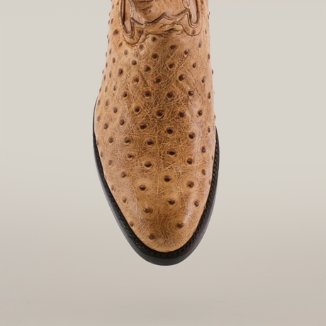 Close-up of the Karoo Ostrich Print Orix - Round Toe shoe in brown, highlighted by its distinctive quill bumps. It features a rounded toe and dark brown trim on the leather sole against a plain white background.