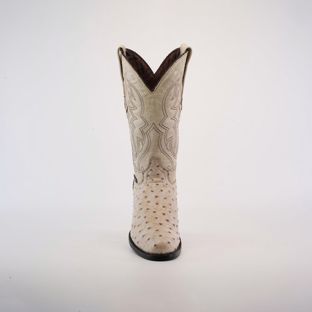 The Karoo Ostrich Print Bone - Round Toe cowboy boot showcases intricate stitching on a plain white background. Handcrafted with a pointed toe, slightly curved top, and leather sole, its ostrich print texture adds distinctive elegance.