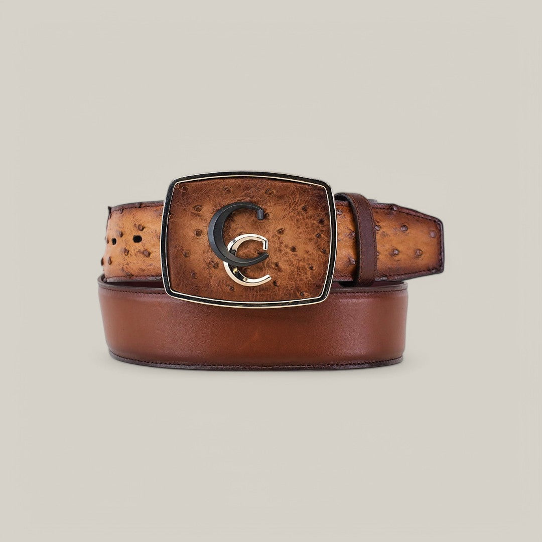 The Brown Ostrich Exotic Strip Belt - BC321 features a textured design with a rectangular, gold-toned buckle adorned with a cutout C. A Cuadra accessory, it is displayed coiled on a neutral background, exuding sophistication and exotic charm.