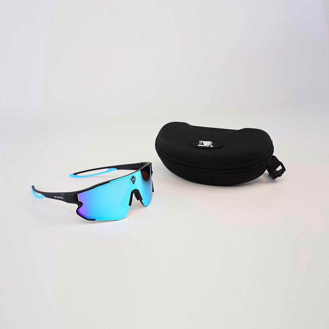 The DR Sport Sunglasses Frost Blue with a modern design feature blue-tinted lenses and black frames alongside a sleek black zippered carrying case. Both have a subtle logo, offering UV protection and standing out beautifully against the plain white background.