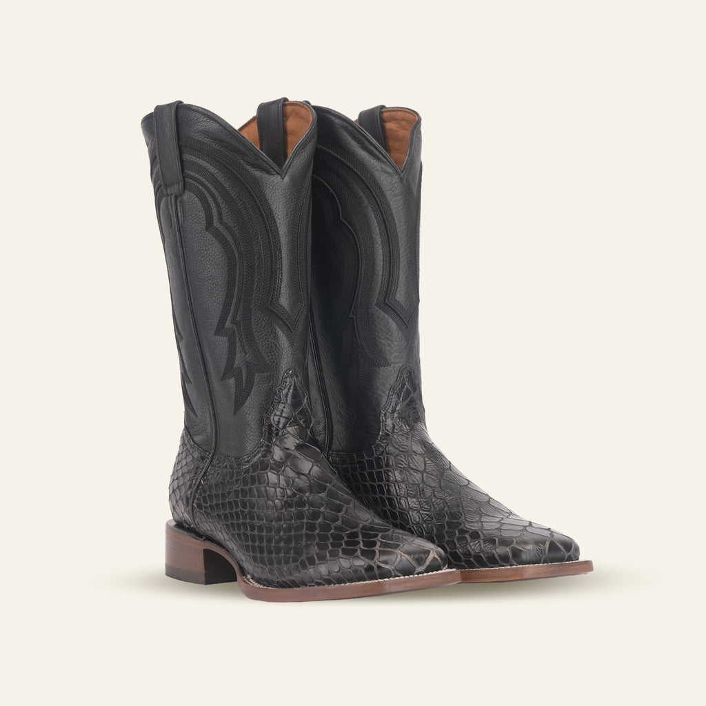Snake Cowboy Boots- Black Embossed Leather - Square Toe (E947)