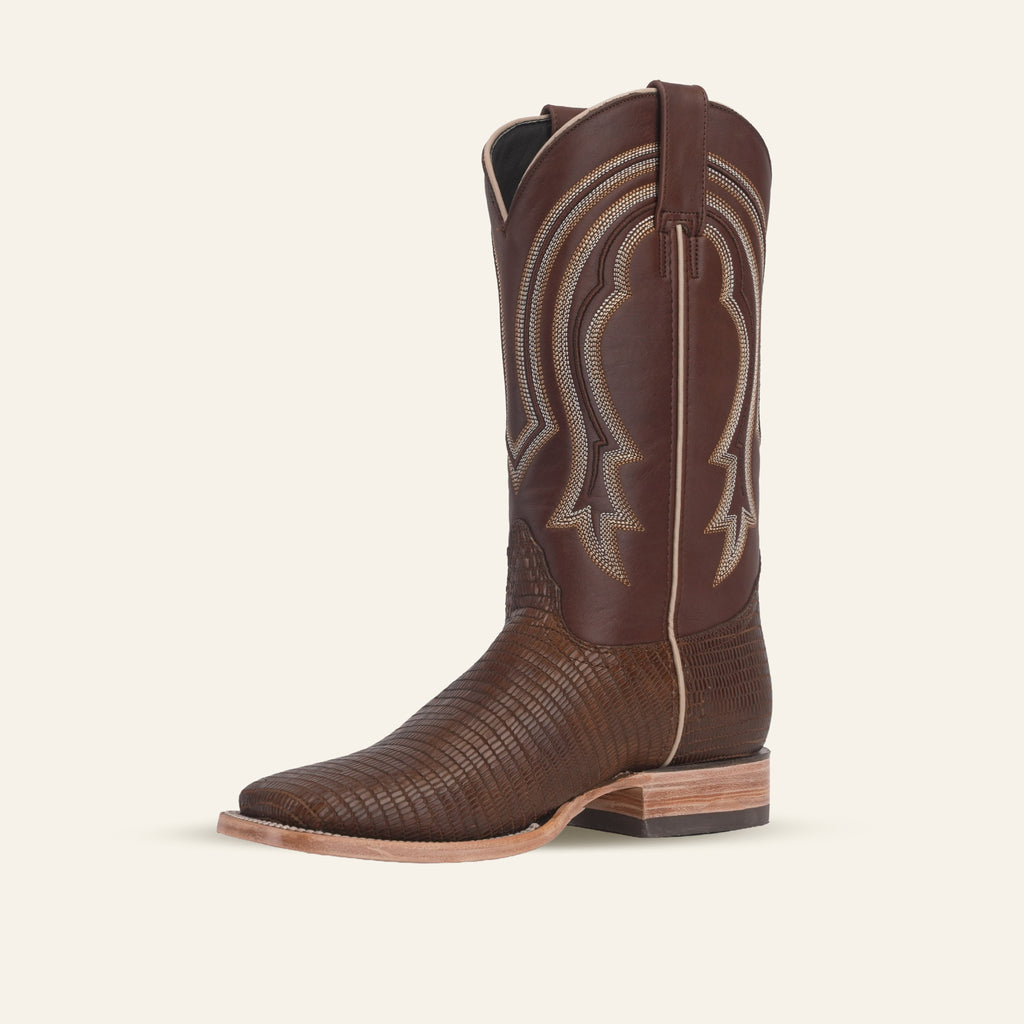 Lizard Cowboy Boots - Brown Embossed Leather - Square Toe (E949)